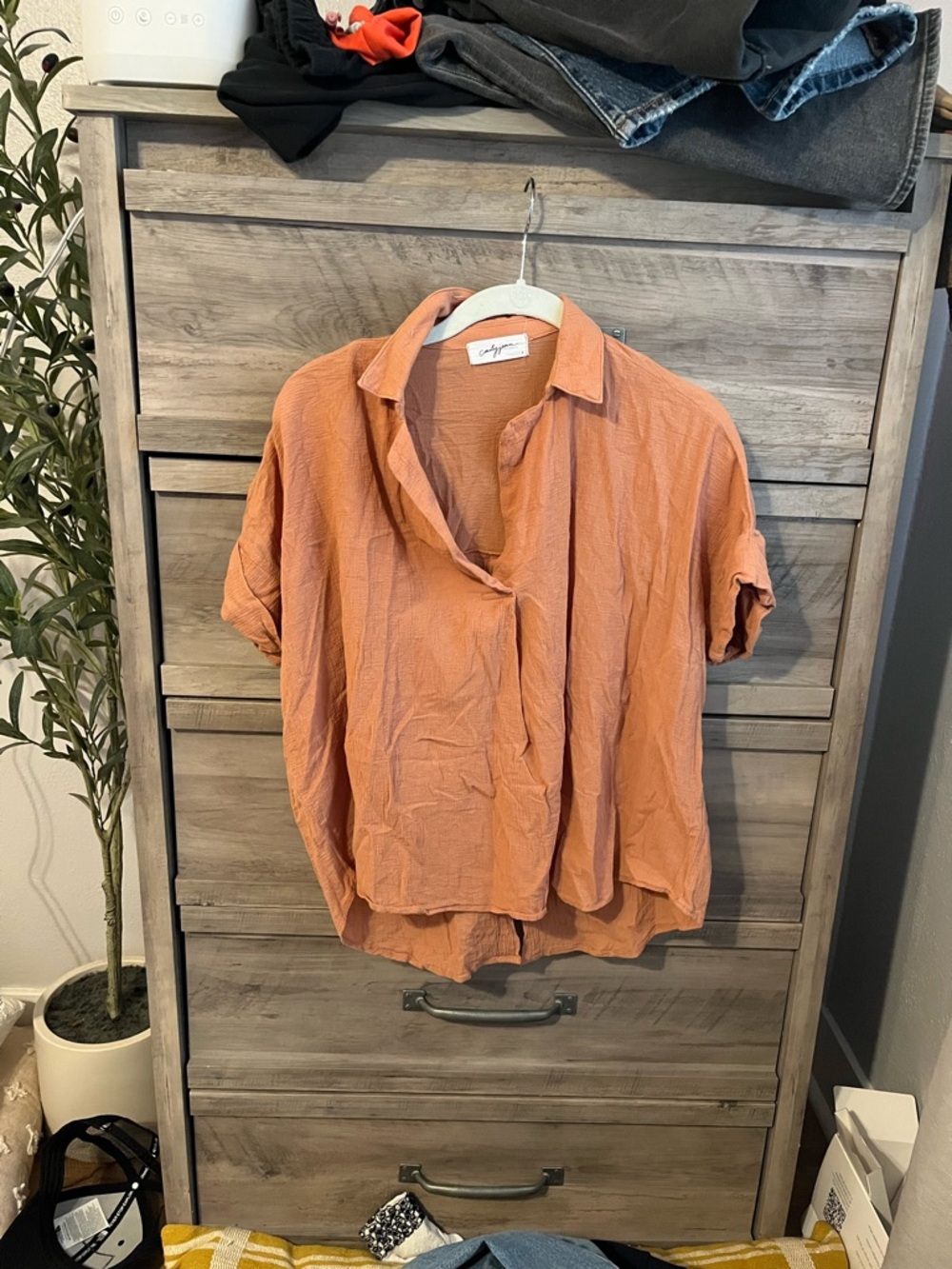 Carly Jean Los Angeles Short-Sleeve Button-Front Top in Rust Orange